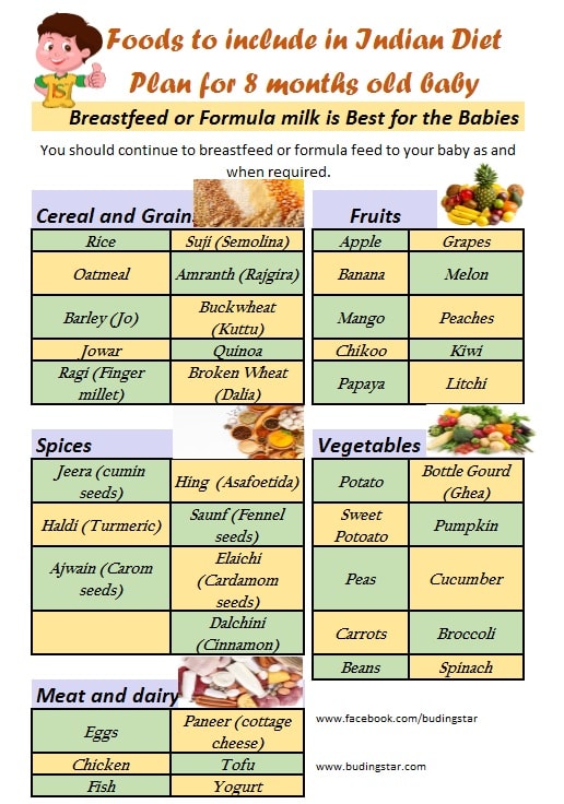 8 Months Baby Food Chart: Indian Infant Food Guide| Buding Star